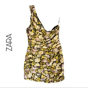 Zara Floral Metallic Single Shoulder Mini Dress Size XS